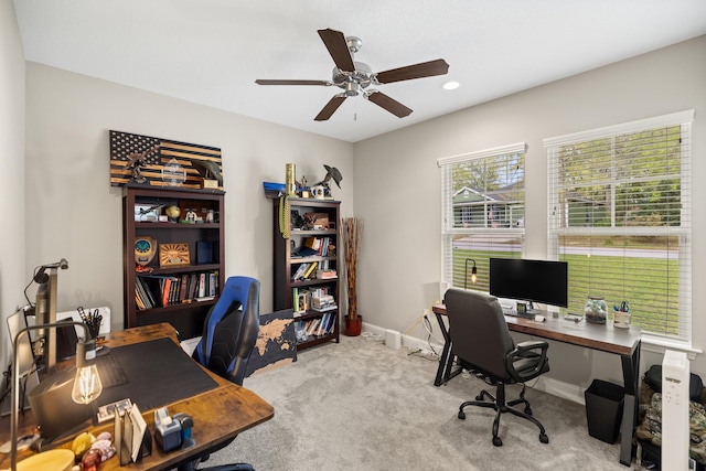 home office with ceiling fan, recessed lighting, carpet, and baseboards