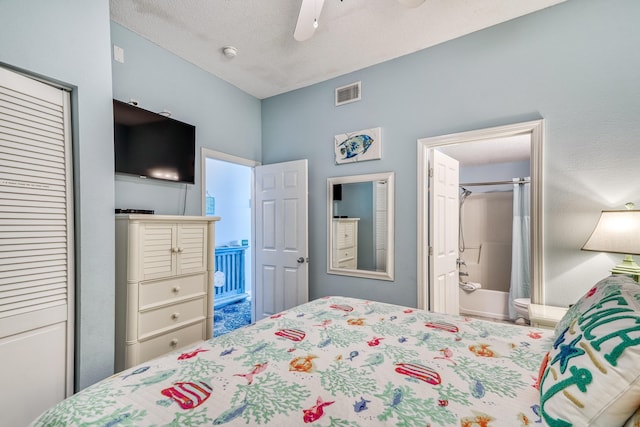 bedroom featuring visible vents, ceiling fan, a closet, and connected bathroom