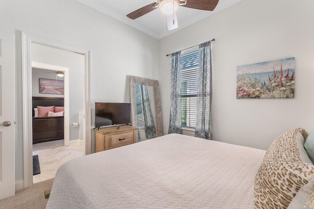 bedroom featuring ceiling fan, baseboards, ornamental molding, and carpet floors