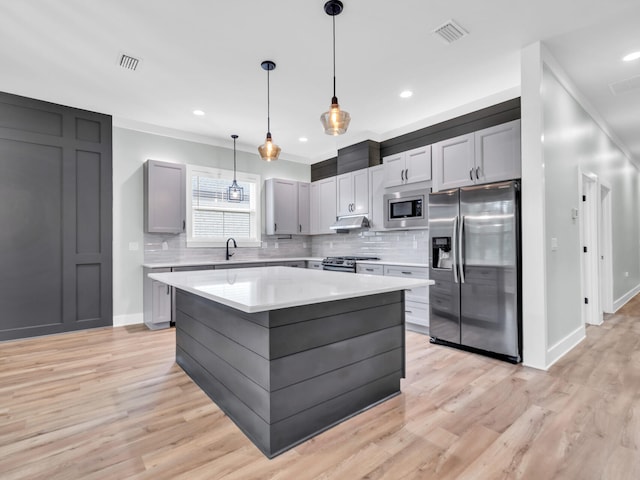 1160 Deer Moss Loop, Niceville, FL 32578 - kitchen with tasteful backsplash, visible vents, under cabinet range hood, light countertops, and stainless steel appliances