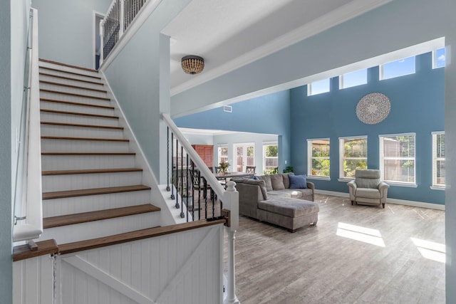730 Cornelia St, Freeport, FL 32439 - stairway with a high ceiling, ornamental molding, wood finished floors, and baseboards