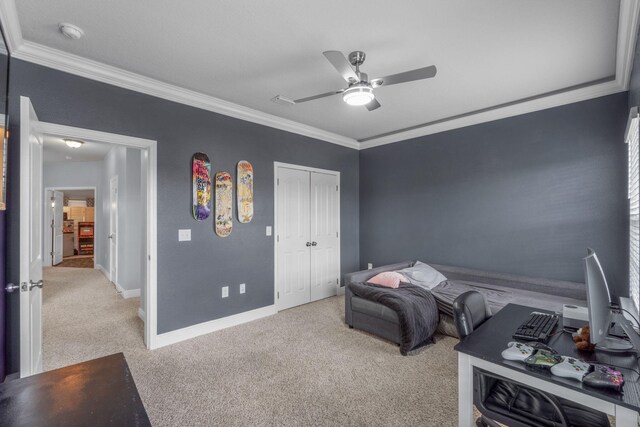730 Cornelia St, Freeport, FL 32439 - sitting room featuring light colored carpet, crown molding, a ceiling fan, and baseboards