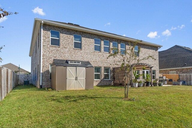 730 Cornelia St, Freeport, FL 32439 - rear view of house with brick siding, a storage unit, a pergola, cooling unit, and an outdoor structure