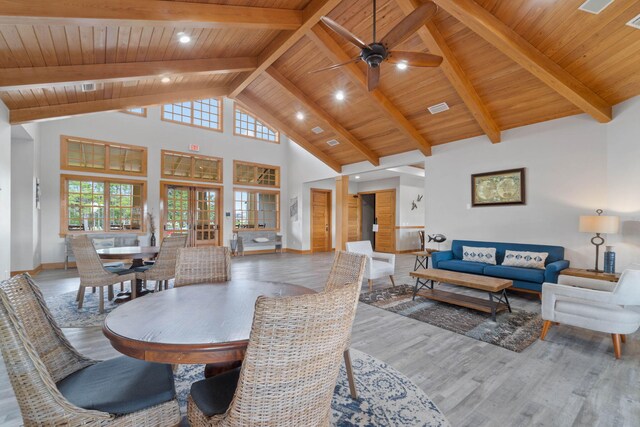 730 Cornelia St, Freeport, FL 32439 - dining area with wood finished floors, wood ceiling, plenty of natural light, beamed ceiling, and high vaulted ceiling