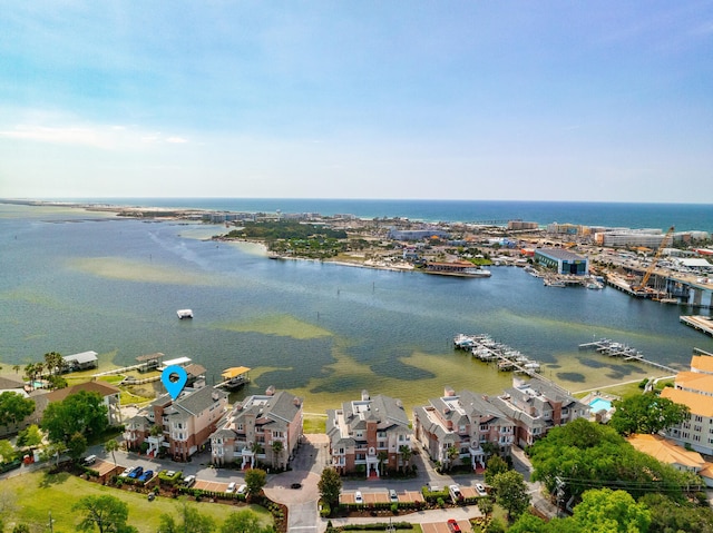 birds eye view of property featuring a water view
