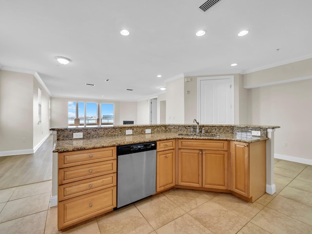 kitchen with stainless steel dishwasher, ornamental molding, visible vents, light stone counters, and a sink