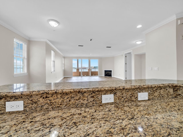 unfurnished living room with a wealth of natural light, a fireplace, and crown molding