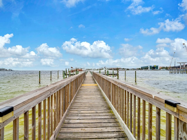 view of dock with a view of the beach and a water view
