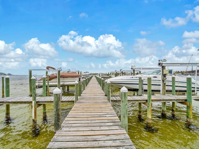 view of dock with boat lift and a water view
