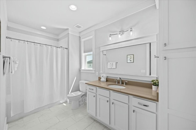 186 Ciboney St, Miramar Beach, FL 32550 - full bathroom featuring vanity, visible vents, recessed lighting, toilet, and marble finish floor