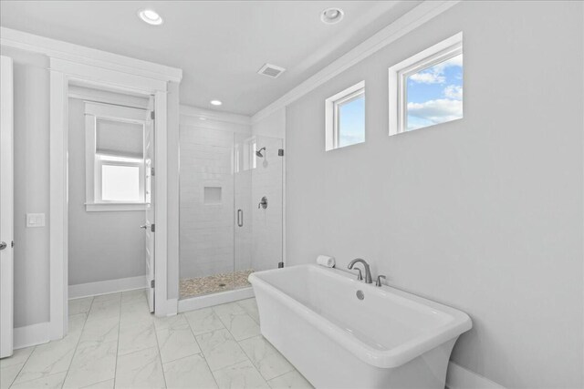 186 Ciboney St, Miramar Beach, FL 32550 - bathroom with visible vents, baseboards, a shower stall, recessed lighting, and marble finish floor