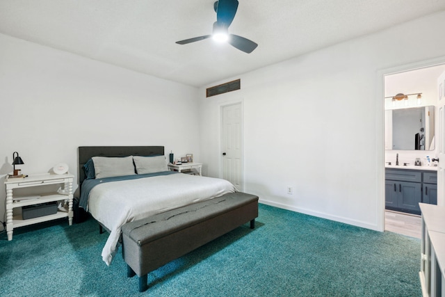 bedroom featuring baseboards, carpet flooring, connected bathroom, visible vents, and ceiling fan