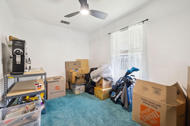 storage area featuring ceiling fan and visible vents
