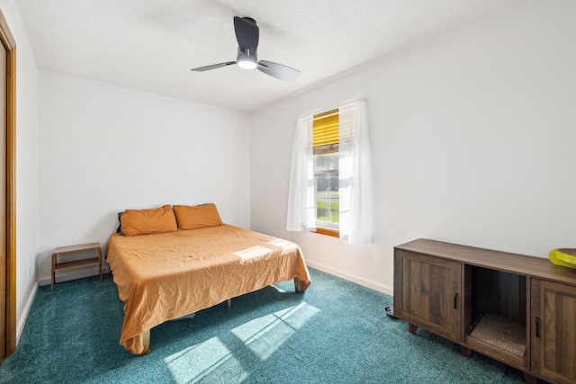 bedroom with baseboards, carpet flooring, and ceiling fan