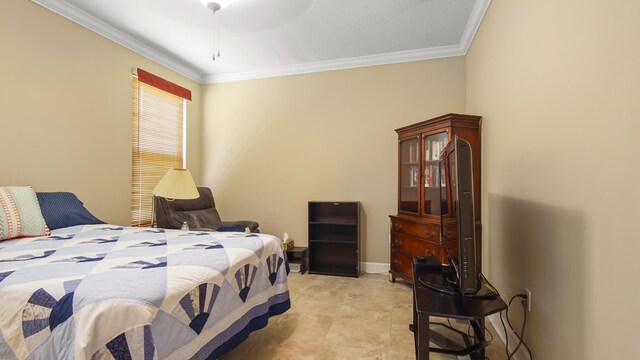 317 Turtle Cv, Panama City Beach, FL 32413 - bedroom with crown molding, light tile patterned floors, baseboards, and a ceiling fan