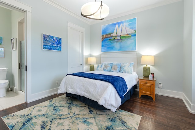 1158 Mack Bayou Rd, Santa Rosa Beach, FL 32459 - bedroom with ensuite bath, dark wood-style flooring, baseboards, and crown molding
