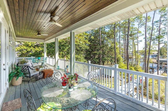 1158 Mack Bayou Rd, Santa Rosa Beach, FL 32459 - wooden deck featuring a water view, a ceiling fan, and covered porch