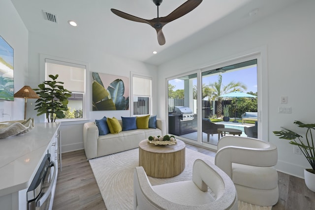 80 Sea Croft Dr, Santa Rosa Beach, FL 32459 - living room featuring recessed lighting, baseboards, ceiling fan, and light wood finished floors