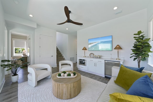 80 Sea Croft Dr, Santa Rosa Beach, FL 32459 - living area with a ceiling fan, visible vents, stairway, and light wood-style floors