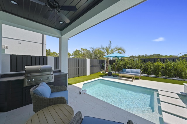 80 Sea Croft Dr, Santa Rosa Beach, FL 32459 - view of swimming pool featuring grilling area, a patio, a ceiling fan, and a fenced backyard