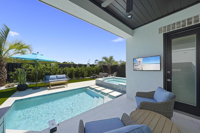80 Sea Croft Dr, Santa Rosa Beach, FL 32459 - view of swimming pool with ceiling fan, an in ground hot tub, a patio area, a fenced in pool, and a fenced backyard