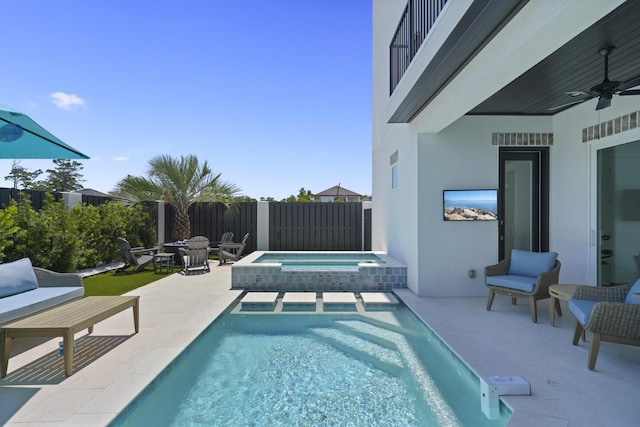 80 Sea Croft Dr, Santa Rosa Beach, FL 32459 - view of pool featuring a fenced in pool, a ceiling fan, an in ground hot tub, and a patio