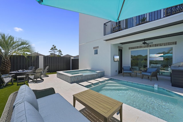 80 Sea Croft Dr, Santa Rosa Beach, FL 32459 - view of pool featuring an outdoor living space with a fire pit, a patio, a fenced in pool, a ceiling fan, and an in ground hot tub