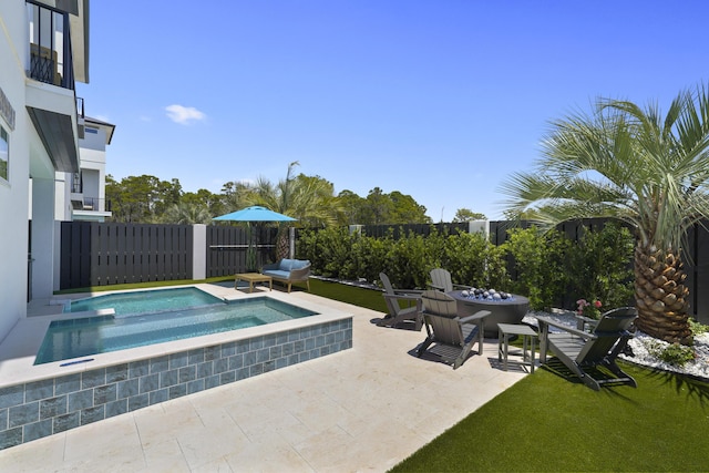 80 Sea Croft Dr, Santa Rosa Beach, FL 32459 - view of pool with a patio, an in ground hot tub, fence, and a fire pit