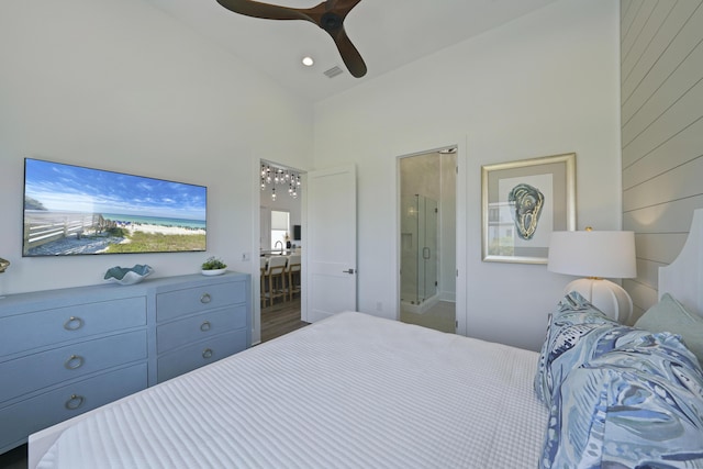 80 Sea Croft Dr, Santa Rosa Beach, FL 32459 - bedroom with high vaulted ceiling, ensuite bathroom, and ceiling fan