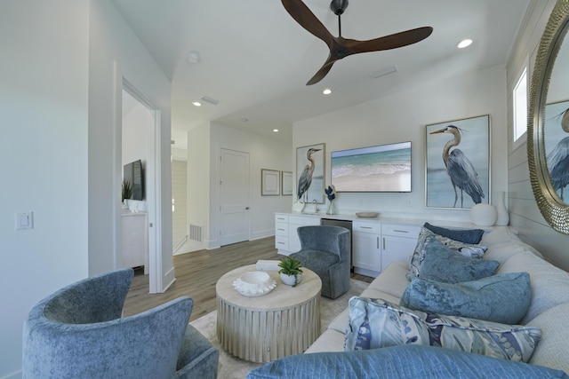 80 Sea Croft Dr, Santa Rosa Beach, FL 32459 - living room with visible vents, a ceiling fan, light wood-style flooring, and recessed lighting