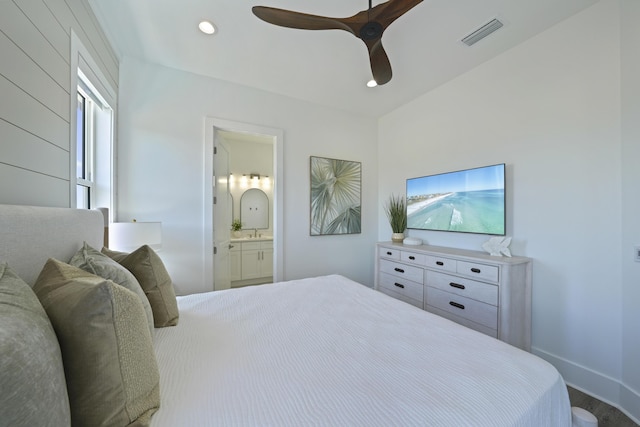 80 Sea Croft Dr, Santa Rosa Beach, FL 32459 - bedroom featuring ceiling fan, visible vents, wood finished floors, baseboards, and ensuite bath