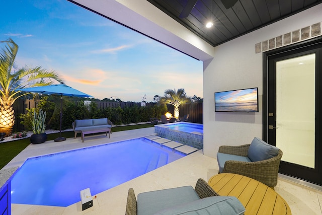80 Sea Croft Dr, Santa Rosa Beach, FL 32459 - view of swimming pool with a fenced backyard, a fenced in pool, an outdoor living space, a patio area, and an in ground hot tub