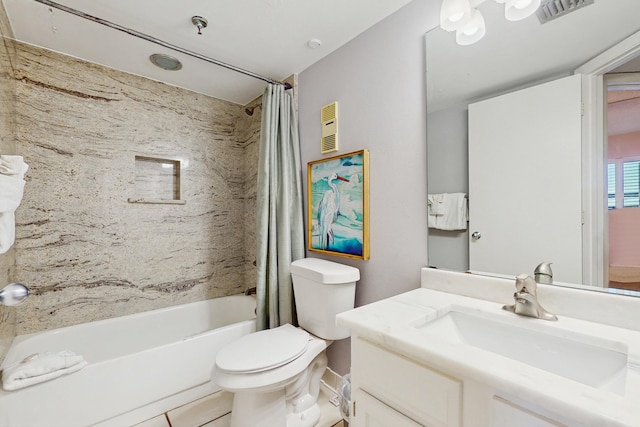 full bathroom with toilet, vanity, shower / tub combo with curtain, and visible vents