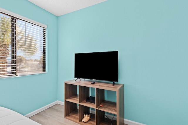 bedroom with baseboards, multiple windows, and wood finished floors