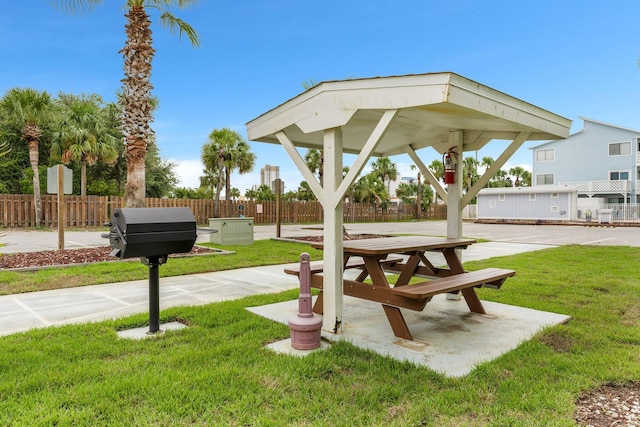 view of community featuring fence and a lawn