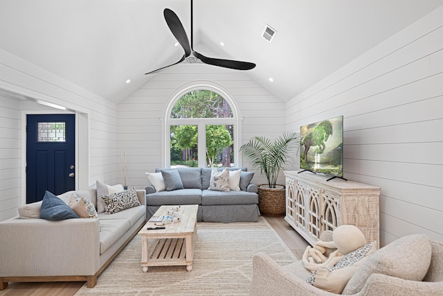 34 Debbie Ln, Santa Rosa Beach, FL 32459 - living room with light wood-style flooring, ceiling fan, wooden walls, and recessed lighting