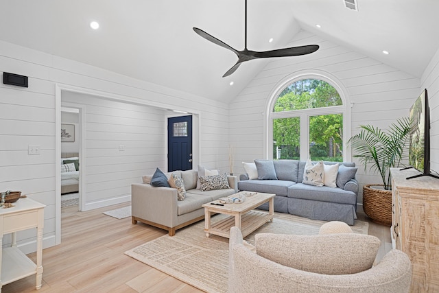 34 Debbie Ln, Santa Rosa Beach, FL 32459 - living room with a ceiling fan, light wood finished floors, recessed lighting, wood walls, and high vaulted ceiling