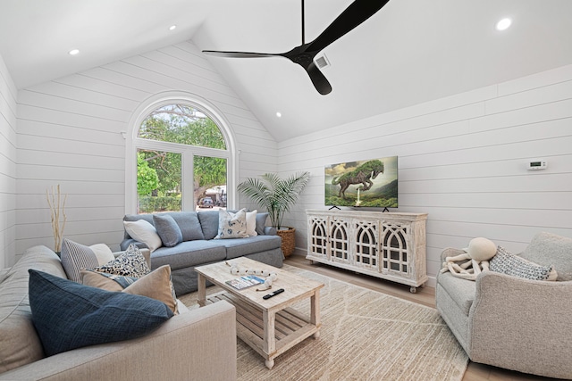 34 Debbie Ln, Santa Rosa Beach, FL 32459 - living area featuring a ceiling fan, wood finished floors, wood walls, recessed lighting, and high vaulted ceiling