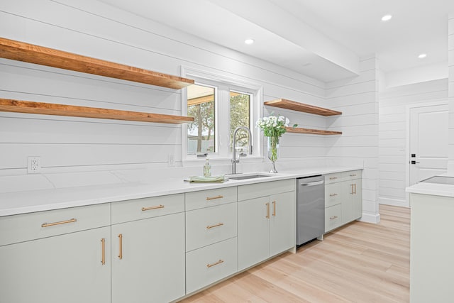 34 Debbie Ln, Santa Rosa Beach, FL 32459 - kitchen featuring open shelves, a sink, stainless steel dishwasher, light wood-type flooring, and recessed lighting