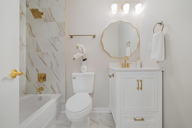 2899 Wisteria Ave, Crestview, FL 32539 - bathroom with toilet, marble look tiles, vanity, baseboards, and shower / washtub combination