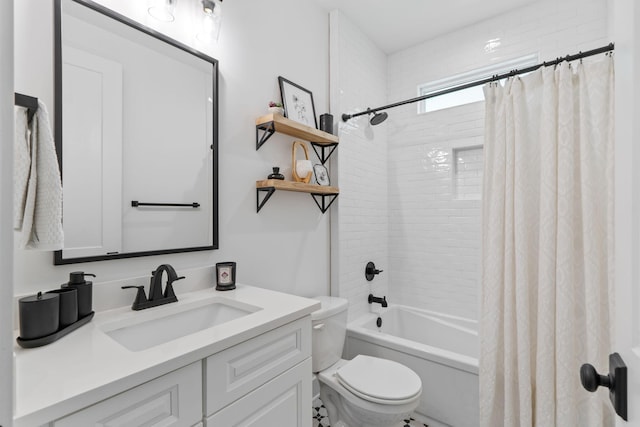 full bathroom featuring toilet, shower / bathtub combination with curtain, and vanity