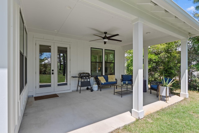 view of patio / terrace featuring outdoor lounge area, ceiling fan, and french doors
