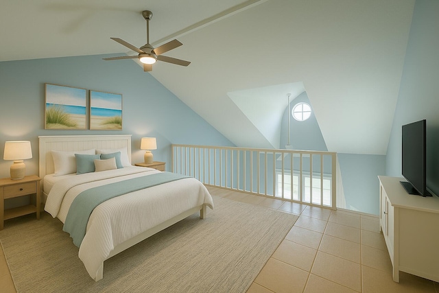 3600 Thomas Dr Unit D302, Panama City Beach, FL 32408 - bedroom featuring a ceiling fan, vaulted ceiling, light tile patterned floors, and multiple windows