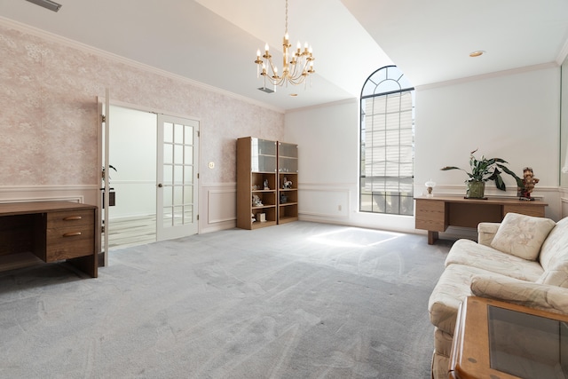 809 Main St, Destin, FL 32541 - carpeted living area featuring crown molding, a chandelier, wainscoting, and lofted ceiling