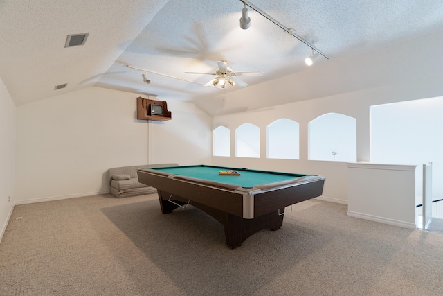 809 Main St, Destin, FL 32541 - game room featuring track lighting, carpet, and vaulted ceiling