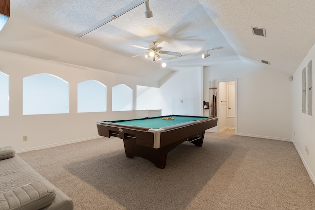 809 Main St, Destin, FL 32541 - rec room featuring visible vents, billiards, light colored carpet, and vaulted ceiling