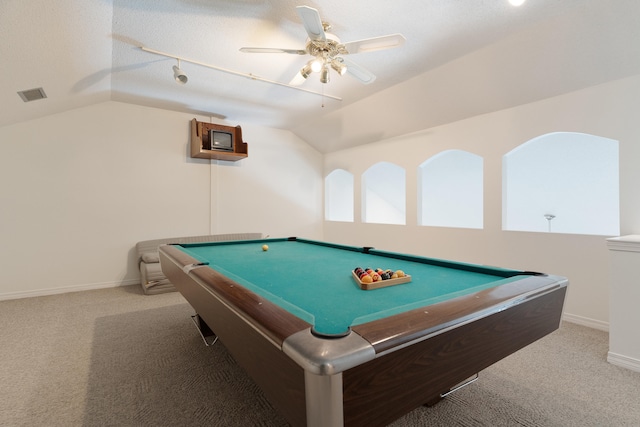 809 Main St, Destin, FL 32541 - playroom with a ceiling fan, visible vents, carpet, and vaulted ceiling