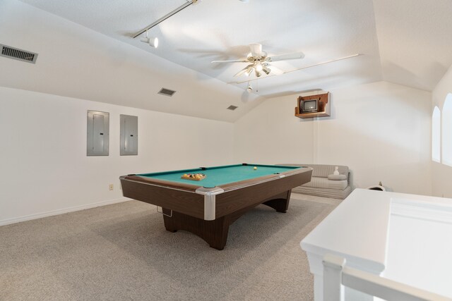 809 Main St, Destin, FL 32541 - playroom featuring visible vents, track lighting, electric panel, pool table, and lofted ceiling