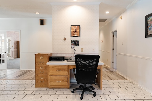 809 Main St, Destin, FL 32541 - office area featuring ornamental molding, baseboards, recessed lighting, and light wood-style floors