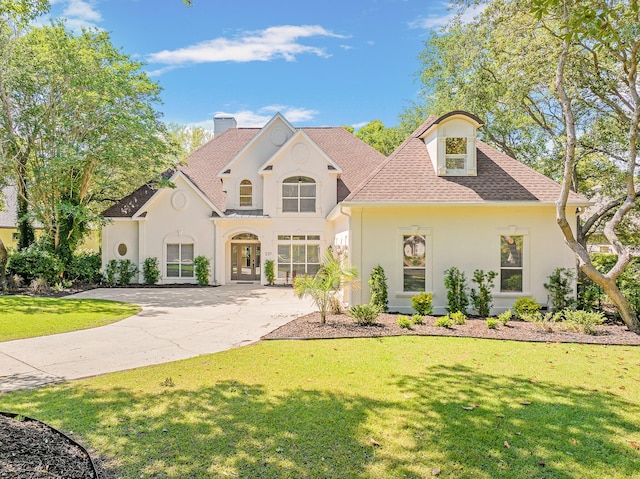 237 Matties Way, Destin, FL 32541 - french country style house featuring stucco siding, a shingled roof, a front yard, and a chimney